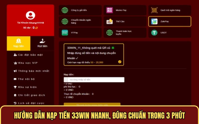 Hoàn tất quy trình nạp tiền 33win